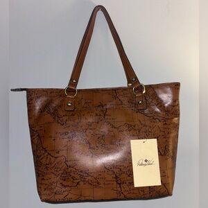 🗺️NWT Patricia Nash Brown Map Print Full Grain Leather Tote